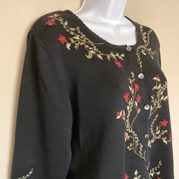 Peruvian Connection Black Floral Trim Pima Cotton Sweater Cardigan Size Large - Picture 11 of 16